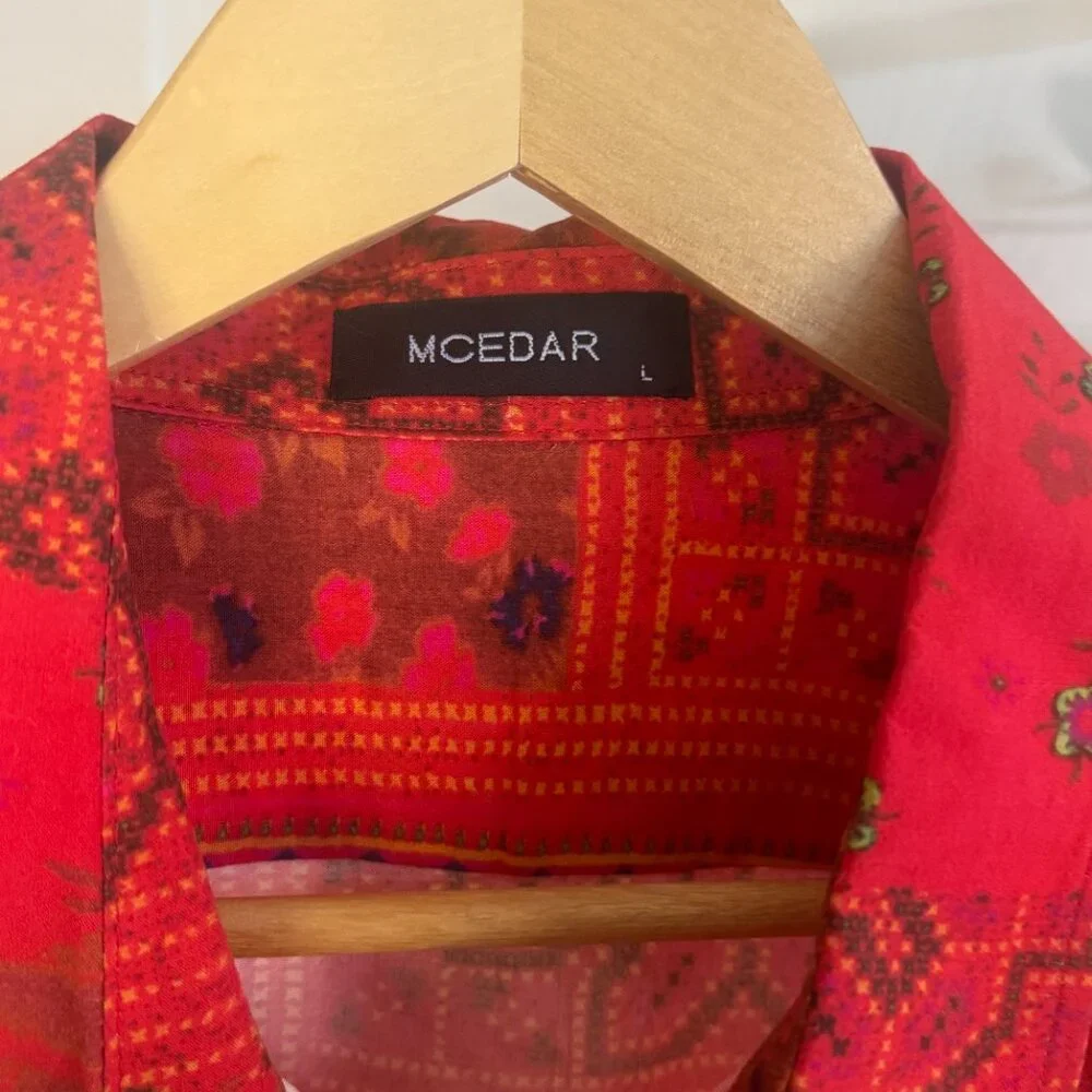 MCEDAR NWT Large Red Boho Patchwork Vertical Stripe Short Sleeve Shirt - Picture 4 of 5